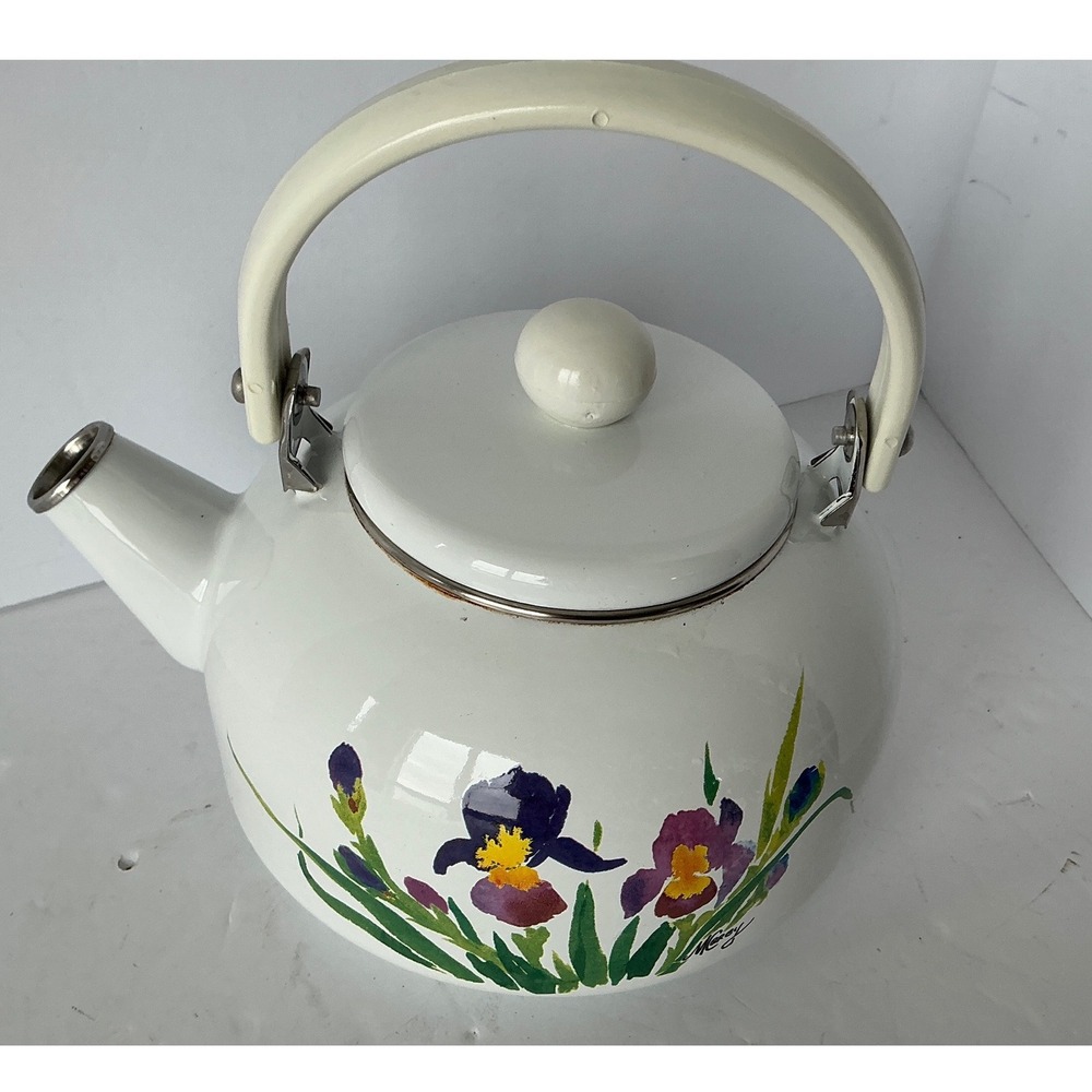Vintage Enamel Tea Kettle Floral Iris Hand‎ Painted White Cottagecore